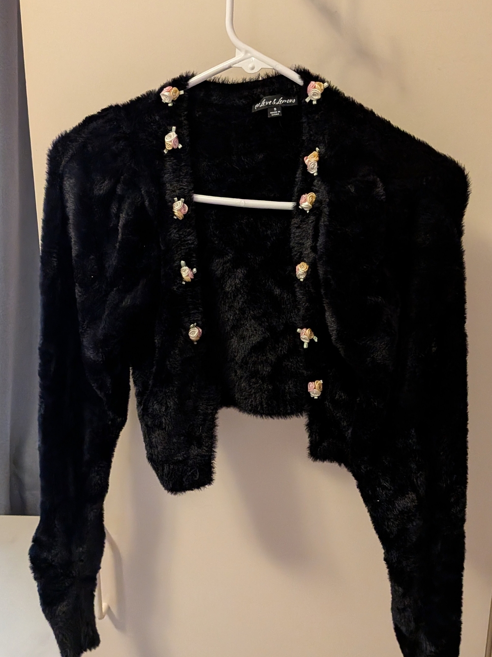 For Love & Lemons Black Faux Fur Cropped Cardigan with Rose Buttons